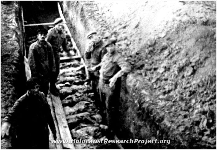 A mass grave containing the bodies of 230 victims, uncovered in the Majdanek camp